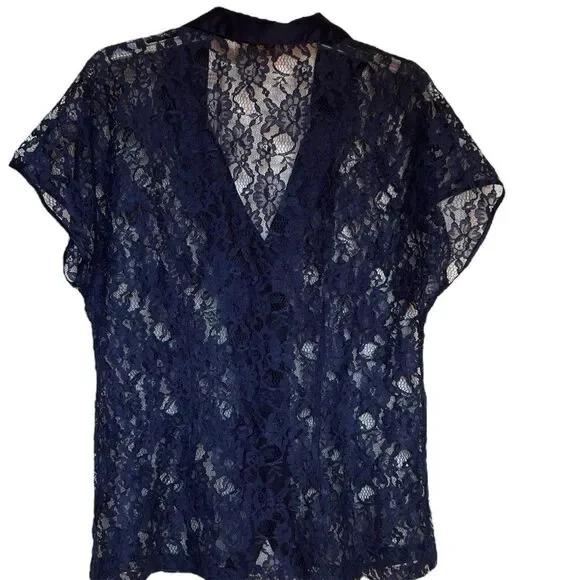 Vintage Victoria's Secret Gold Label Satin Collar Navy Lace Top Short Sleeve - Picture 2 of 7